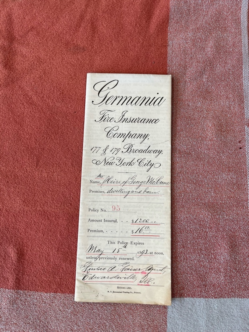 Original 1892 Germania Fire Insurance Policy - Picture 2 of 16